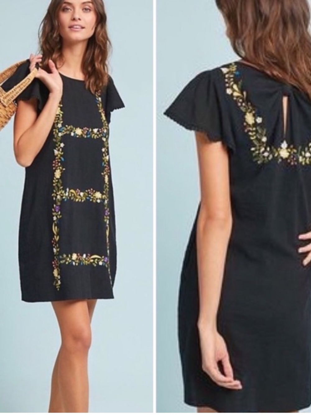 Ranna Gill Anthropologie Jordan Black Floral Embroidered Dress